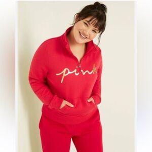 VICTORIA'S SECRET PINK FLEECE QUARTER-ZIP Red Sweater size large